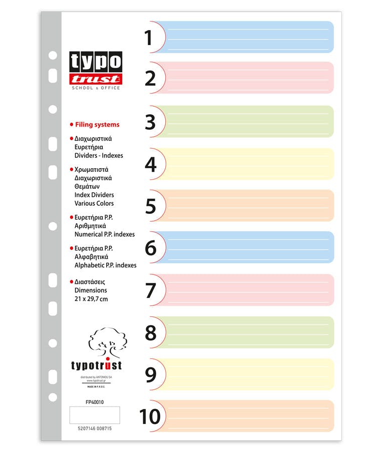Typotrust Πλαστικά Διαχωριστικά Χρωματικά και Αριθμητικά 1-10 για Κλασσέρ - Ντοσιέ FP40010