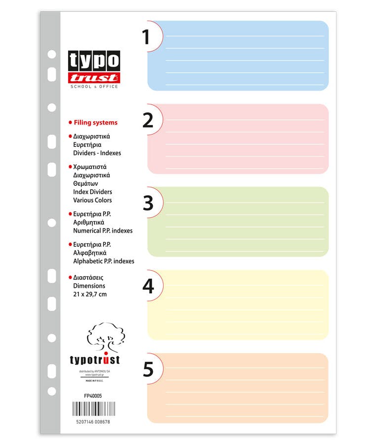 Typotrust Πλαστικά Διαχωριστικά Χρωματικά και Αριθμητικά 1-5 Σετ 5 τεμαχίων για Κλασσέρ - Ντοσιέ FP40005