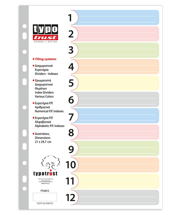 Typotrust Πλαστικά Διαχωριστικά Χρωματικά και Αριθμητικά 1-12 Σετ 12 τεμαχίων για Κλασσέρ - Ντοσιέ FP40012