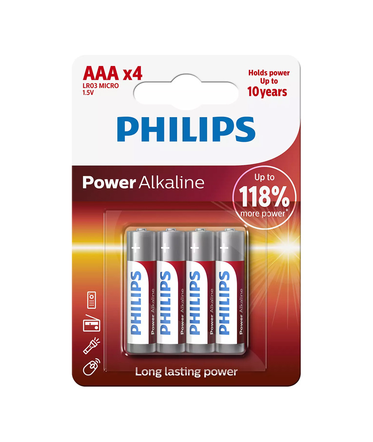 PHILIPS -  Power αλκαλικές μπαταρίες LR03P4B/5, AAA LR03 1.5V, 4τμχ LR03 MICRO 1.5V