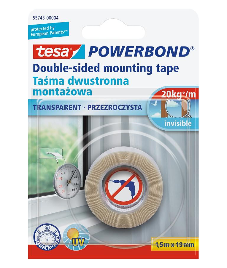 TESA - tesa Ισχυρή Διπλής Όψης Διαφανή Κολλητική Ταινία | Invisible Powerbond Mounting Tape 1.5mx19mm 55743-00004