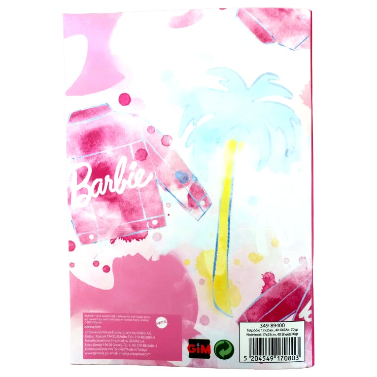 GIM - 40Φ Notebook Τετράδιο Καρφίτσα BARBIE PAINTS  Ριγέ Β5 17x25cm   Gim 349-89400