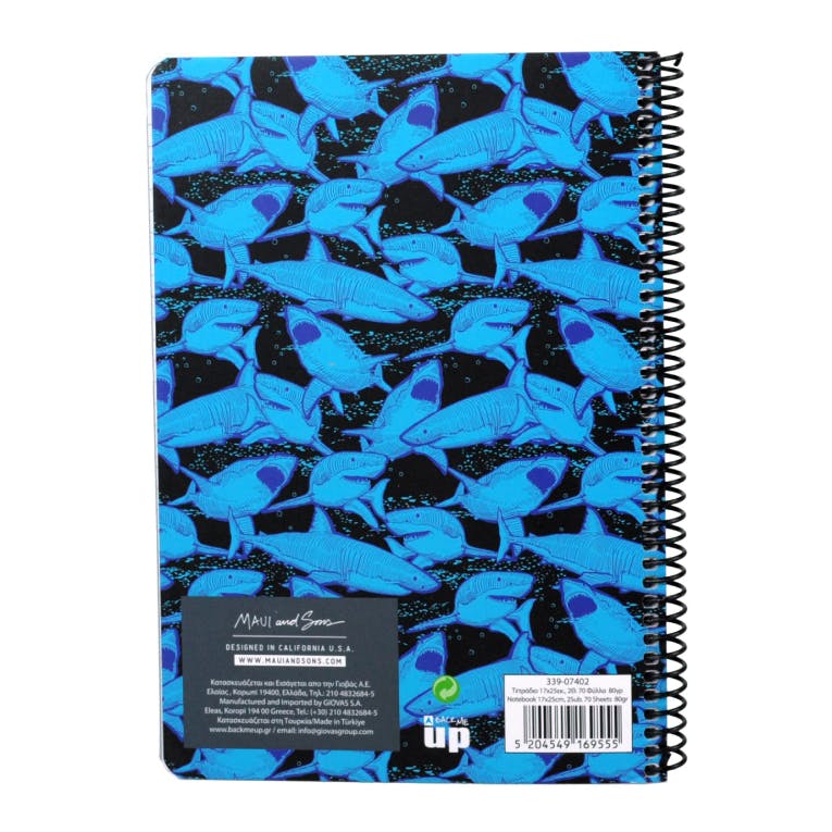B5 Τετράδιο Σπιράλ MAUI SHARK-ISLANDER BOY 2 Θεμάτων 70 φύλλων Ριγέ 17x25 339-07402 