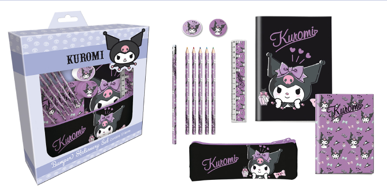 Kuromi Stationery Set - Σετ Δώρου 12τμχ KUROMI ( 2 σημειωματάρια, 5 χρωματιστά μολύβια, κασετίνα, μολύβι, γόμα, ξύστρα, χάρακας)