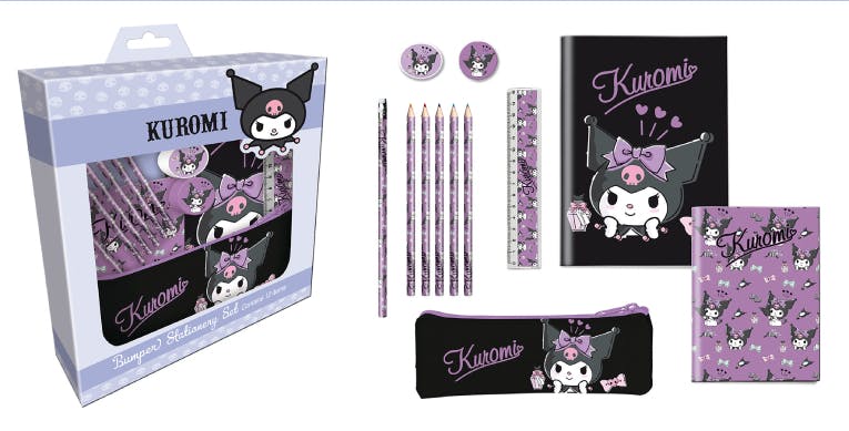 Kuromi Stationery Set - Σετ Δώρου 12τμχ KUROMI ( 2 σημειωματάρια, 5 χρωματιστά μολύβια, κασετίνα, μολύβι, γόμα, ξύστρα, χάρακας)
