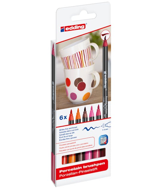 EDDING - Μαρκαδόρoι Brushpen Porcelain  για πορσελάνη, κεραμικό, γυαλί 1-4mm Warm Colors Σετ 6 χρώματα 4200-6999S