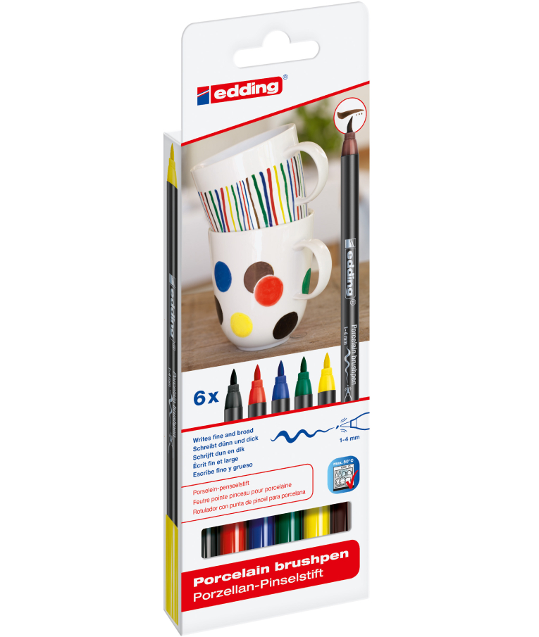 EDDING - Μαρκαδόρoι Brushpen Porcelain  για πορσελάνη, κεραμικό, γυαλί 1-4mm Family Set Σετ 6 χρώματα 4200-6000S