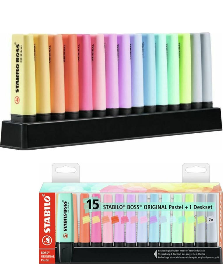 Stabilo Μαρκαδόροι υπογραμμίσεως Pastel Boss Deskset 15 χρωμάτων Παστελ Stabilo με βάση στήριξης 7015-02