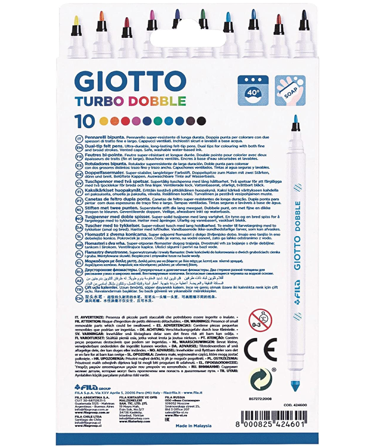 GIOTTO - Giotto Σετ 10 Χρωμάτων Μαρκαδοράκια Διπλής Μύτης Πάχους 2.5 mm- 5 mm 424600 Turbo Dobble Dual-Nib Felt-Tip Pens