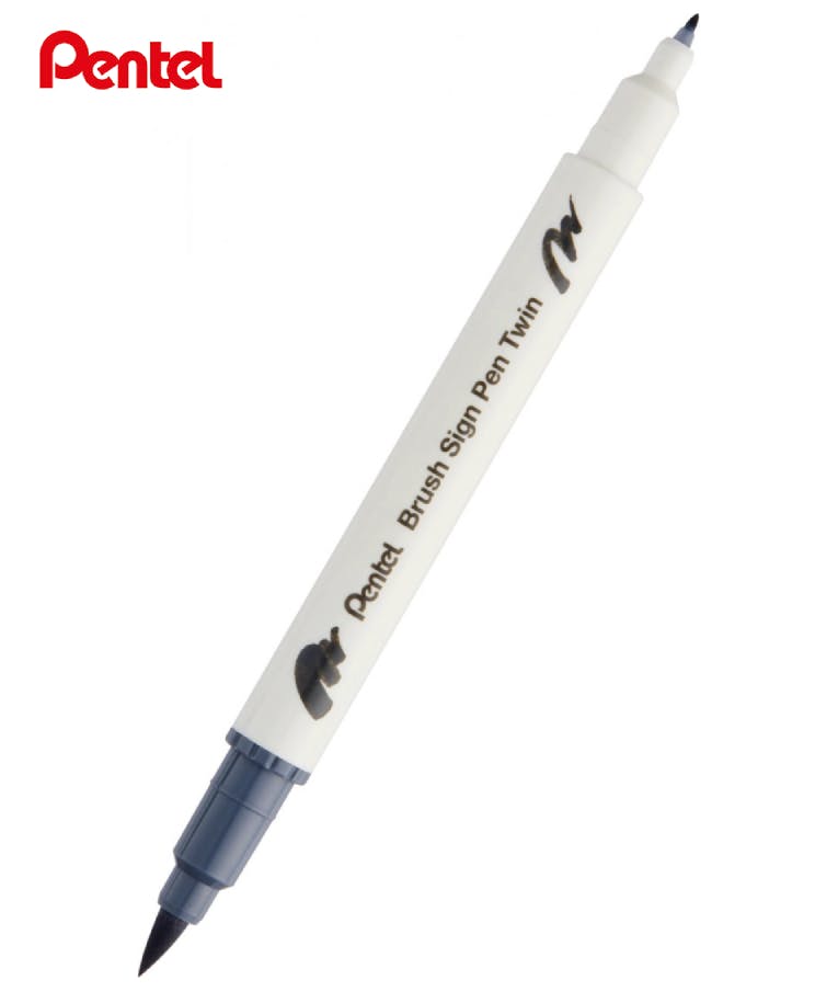 Pentel Brush Sign Pen Twin T112 Μαρκαδόρος με Διπλή Μύτη (η μία brush) Light Grey Ανοιχτό Γκρι  SESW30C-T112
