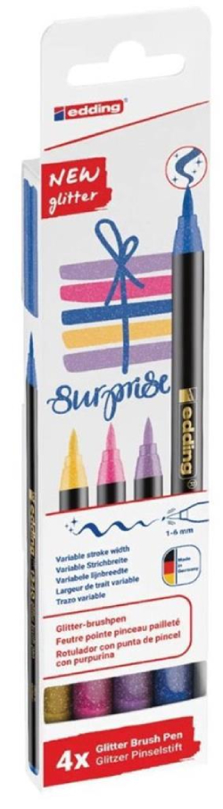 EDDING - Edding Glitter Brush Pen 1340 Μαρκαδόροι Πινέλο με Glitter Σετ 4τμχ  1-6mm  01-1340/4SGLITTER