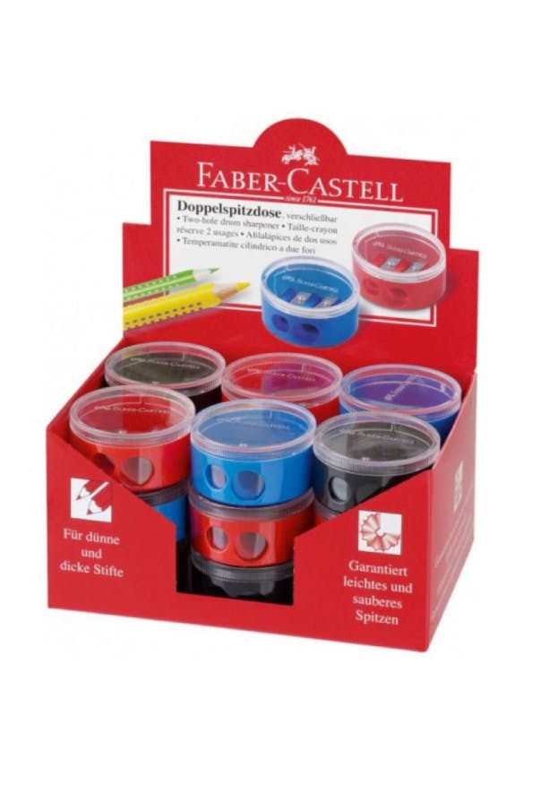 FABER CASTELL - Faber-Castell Διπλή Ξύστρα Βαρελάκι με διάφανο καπάκι και χώρο για τα ξύσματα (ΚΟΚΚΙΝΟ ΜΠΛΕ ΜΑΥΡΟ) 185418