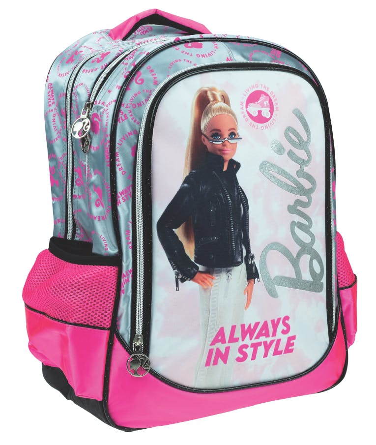 GIM - Gim Barbie TRENT FLASH Σακίδιο Οβάλ & Δώρο Κούκλα Barbie Σχολική Τσάντα Πλάτης Δημοτικού Ροζ με 2 Κεντρικές Θέσεις 349-71031