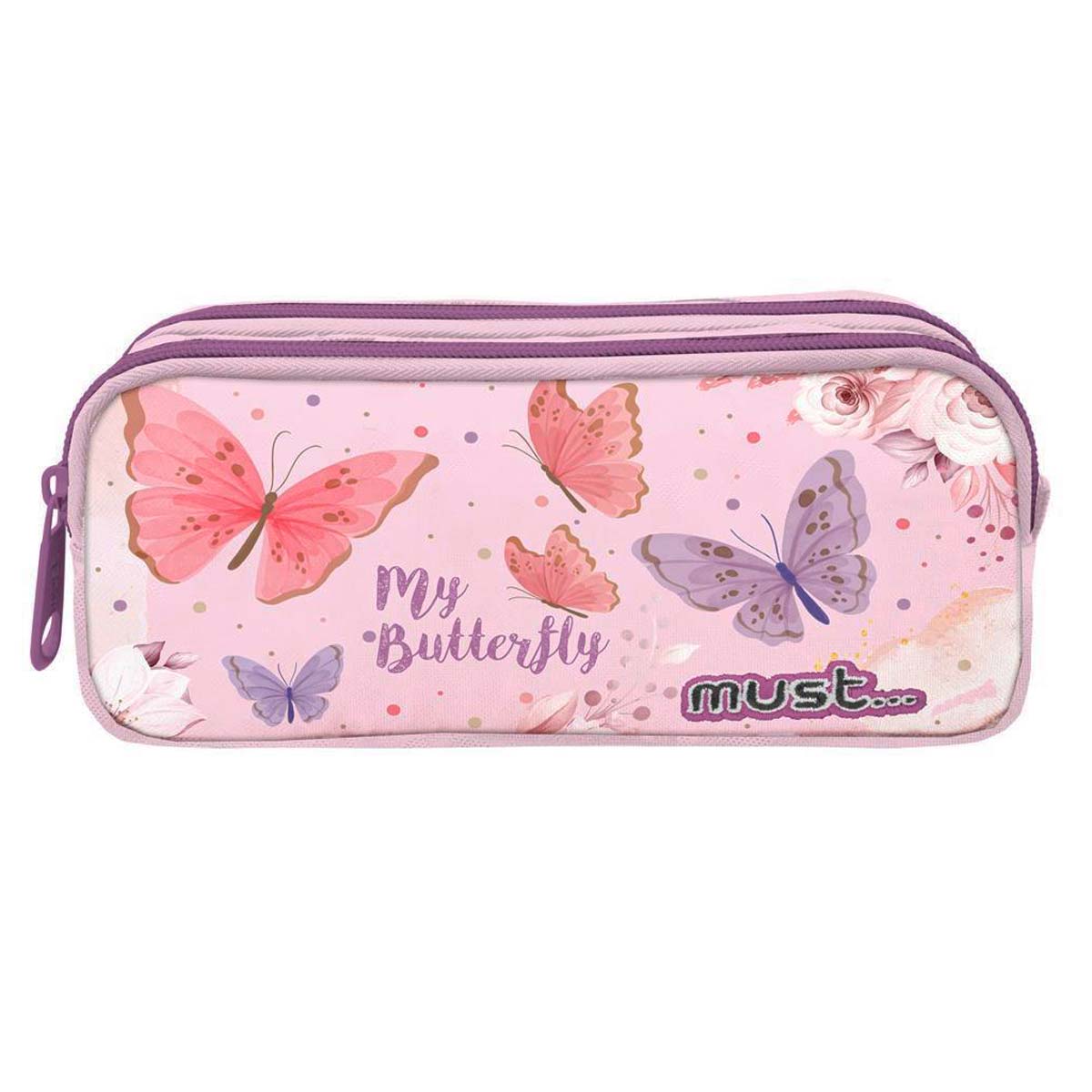 MUST - Must Σχολική Κασετίνα Βαρελάκι  My Butterfly 2 ΘΗΚΕΣ σε Ροζ Χρώμα 21x6x9 εκ 585186