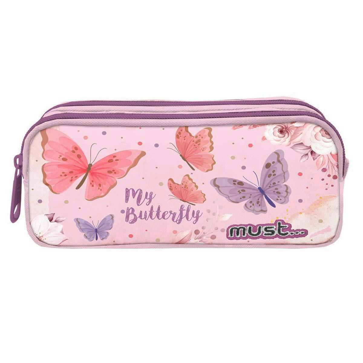 Must Σχολική Κασετίνα Βαρελάκι  My Butterfly 2 ΘΗΚΕΣ σε Ροζ Χρώμα 21x6x9 εκ 585186