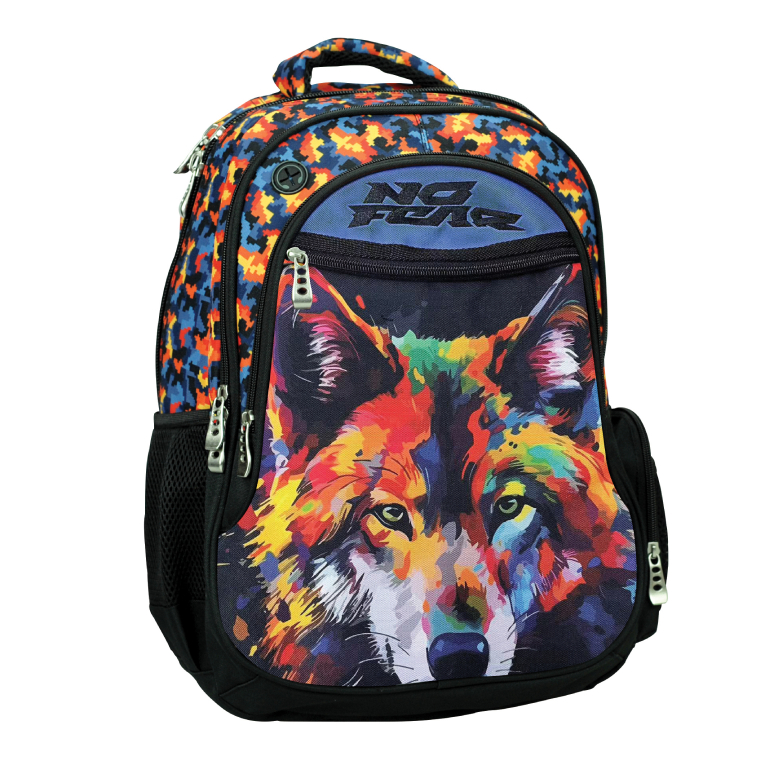  Σχολική Τσάντα Πλάτης Δημοτικού ΟΒΑΛ NO FEAR COLORED WOLF με 2 Κεντρικές Θέσεις 46 x 35 x 20  348-47031