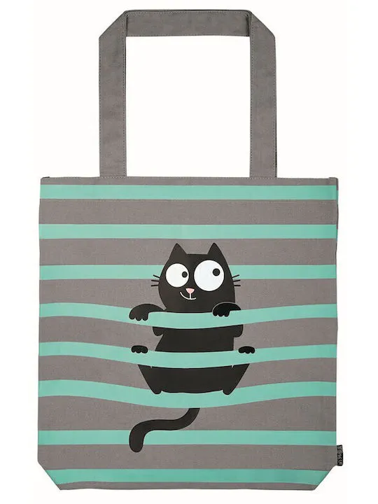 MOSES - Ed, the Cat Big Cotton Shopper Bag Grey & Green Stripes 27510 Moses
