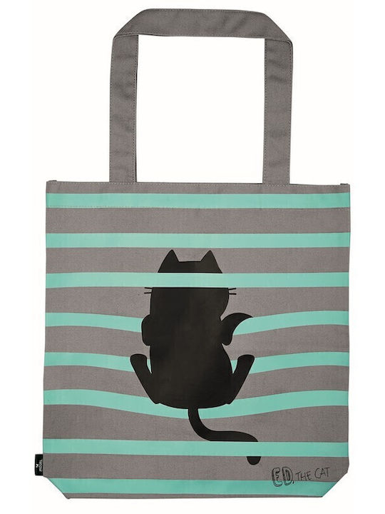 MOSES - Ed, the Cat Big Cotton Shopper Bag  Grey & Green Stripes  27510 Moses
