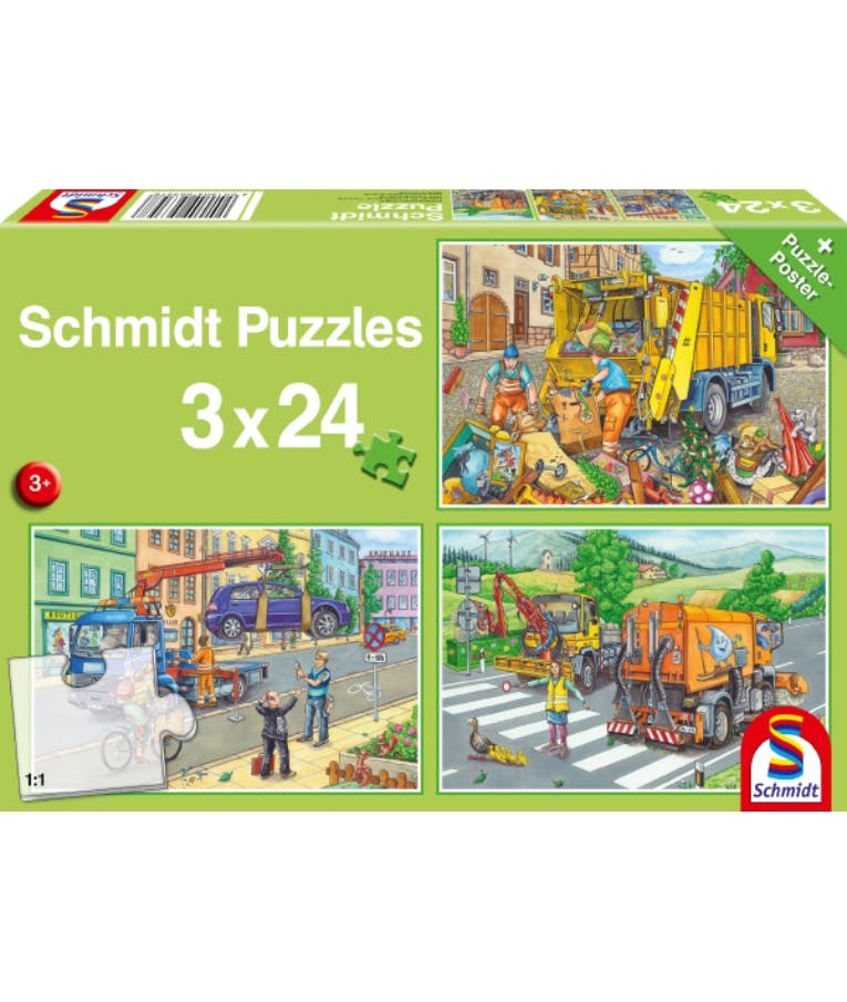 Schmidt Puzzle Garbage Truck, Tow Truck, Sweeper  Παιδικό Παζλ   3*24pcs 26.3x17.8cm Ηλικία 3+ 56357