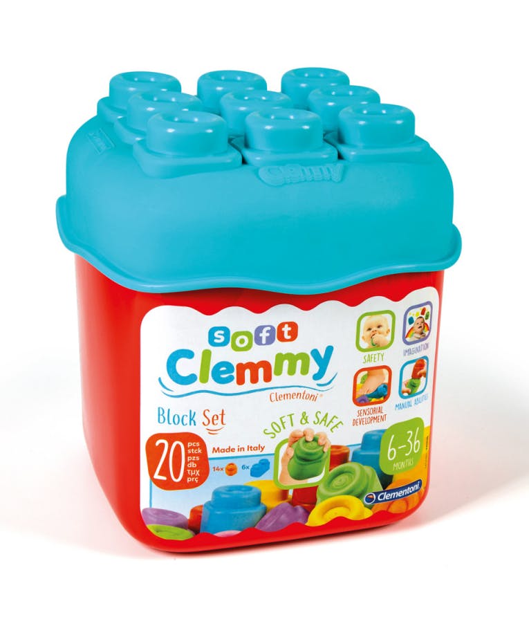 CLEEMY Soft Κουβάς με 20τμχ Μαλακά Τουβλάκια (1033-63087) Ηλικία 6-36μηνών Clementoni