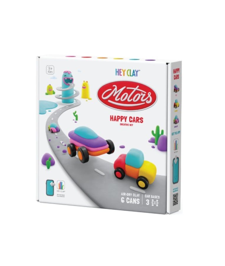 HEY CLAY - Hey Clay Motors Happy Cars Πολύχρωμος Πηλός Modeling Air-Dry Clay, 6 Colors Cans + 3 Car Base 60902 Ηλικία 3+