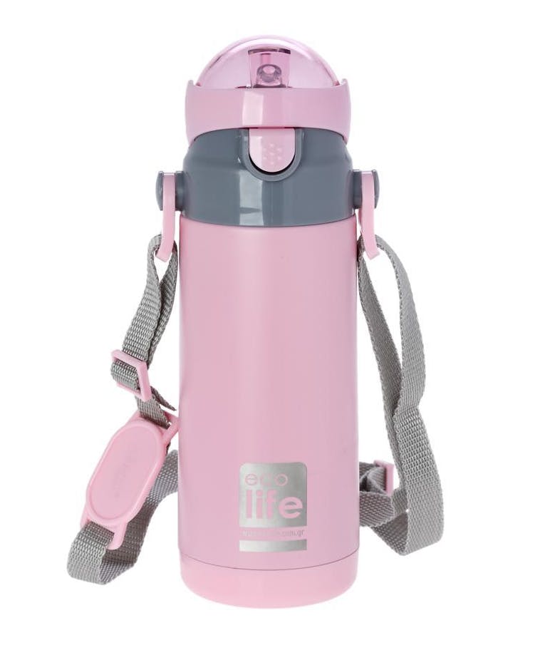 Παιδικό Θερμό Ροζ με πλαστικό με εσωτερικό καλαμάκι και ιμάντα μεταφοράς Kids thermos Pink 400ml 33-BO-3007 