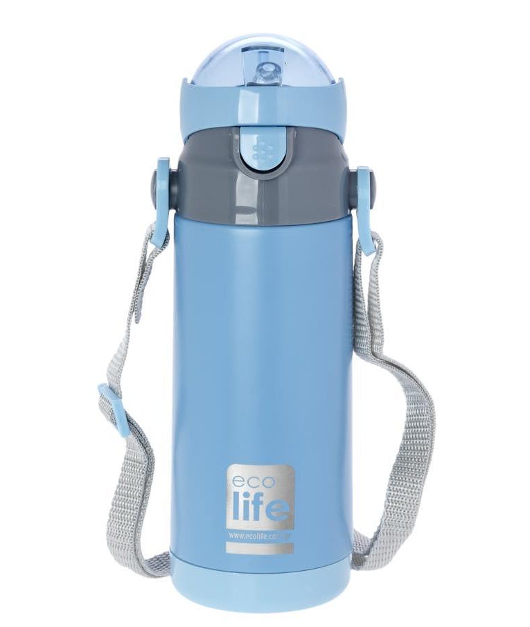 Παιδικό Θερμό Μπλε με πλαστικό με εσωτερικό καλαμάκι και ιμάντα μεταφοράς Kids thermos Blue 400ml 33-BO-3008 