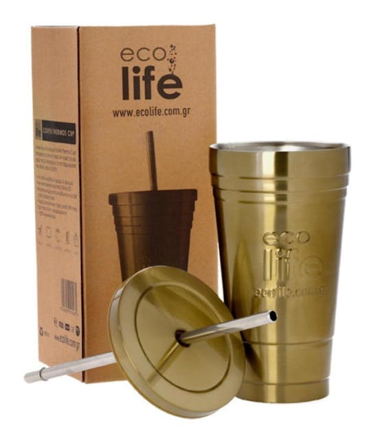 ECOLIFE - Ποτήρι - Θερμός Ανοξείδωτο Bronze 480ml - CoffeeThermos Cup Bronze με μεταλλικό καλαμάκι   33-BO-4008