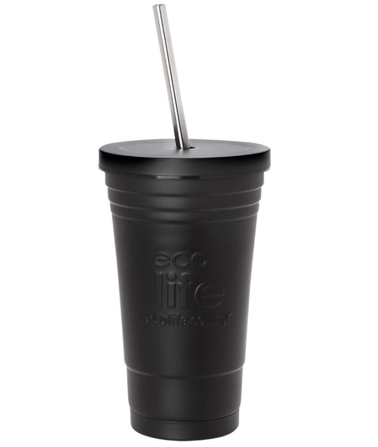 Ποτήρι - Θερμός Ανοξείδωτο Black 480ml - CoffeeThermos Cup Black με μεταλλικό καλαμάκι 33-BO-4000
