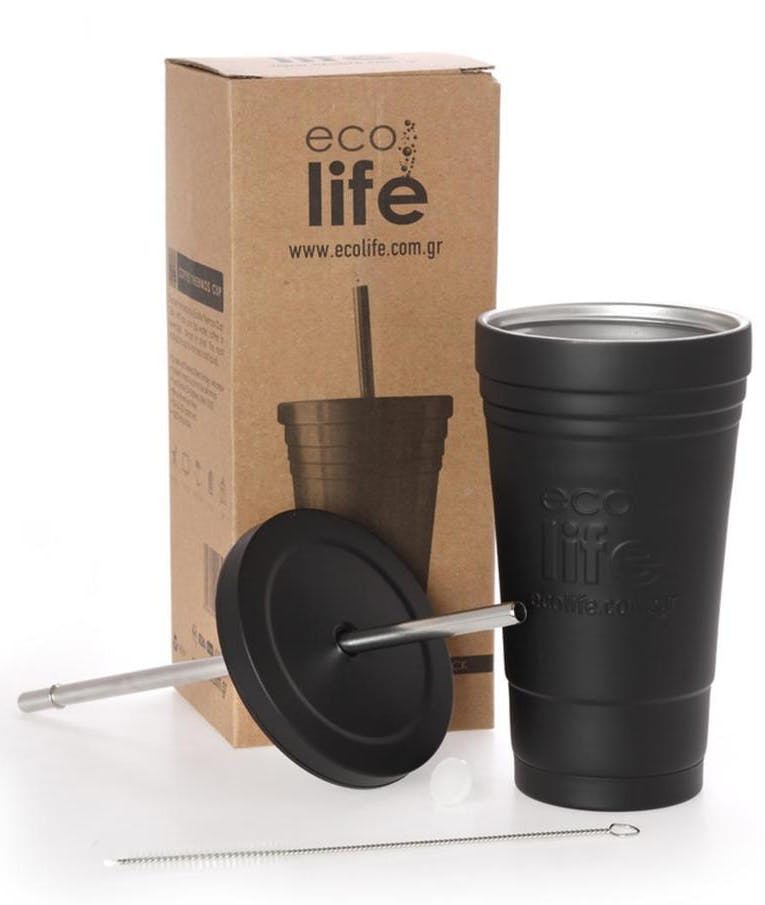 ECOLIFE - Ποτήρι - Θερμός Ανοξείδωτο Black 480ml - CoffeeThermos Cup Black με μεταλλικό καλαμάκι 33-BO-4000