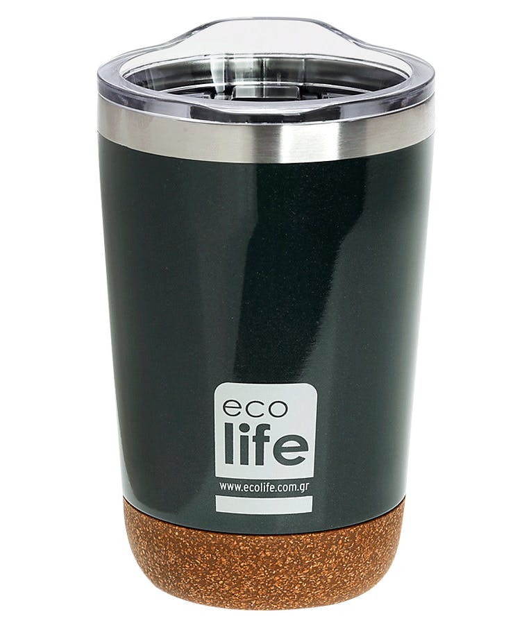 Ποτήρι Θερμός για καφέ Μαύρο με Διάφανο Καπάκι 370ml Coffee Cup Dark Green (Cork Bottom)  0.37lt 33-BO-4014 Ecolife  33-BO-4104