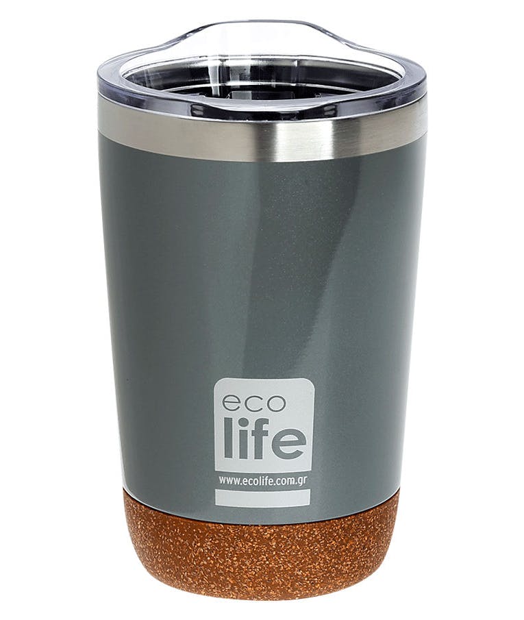 Ποτήρι Θερμός για καφέ Γκρι με Διάφανο Καπάκι 370ml Coffee Cup Light Grey (Cork Bottom)  0.37lt 33-BO-4017 Ecolife  33-BO-4107