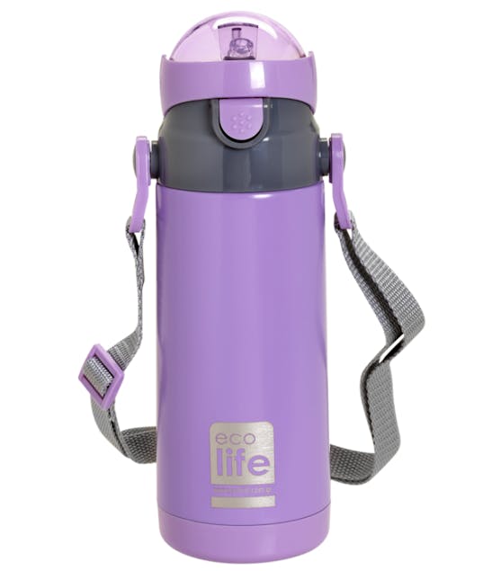 ECOLIFE - Ecolife Ανοξείδωτο Παγούρι Θερμός με Εσωτερ Καλαμάκι & ιμάντα μεταφοράς Λιλά Lilac 400ml 33-BO-2995