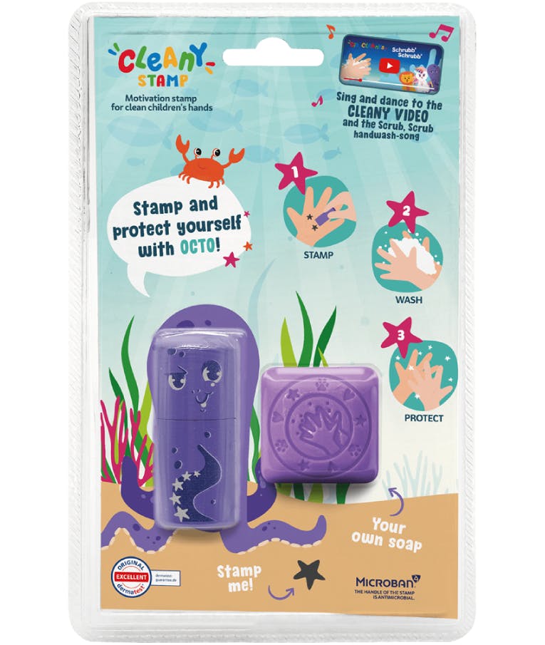 Cleany Stamp OCTO - Σφραγιδάκι και Σαπουνάκι Καθαρισμού (Μαθαίνουν τα παιδιά την φιλοσοφία του καθαρισμού των χεριών) Χρώμα Μωβ