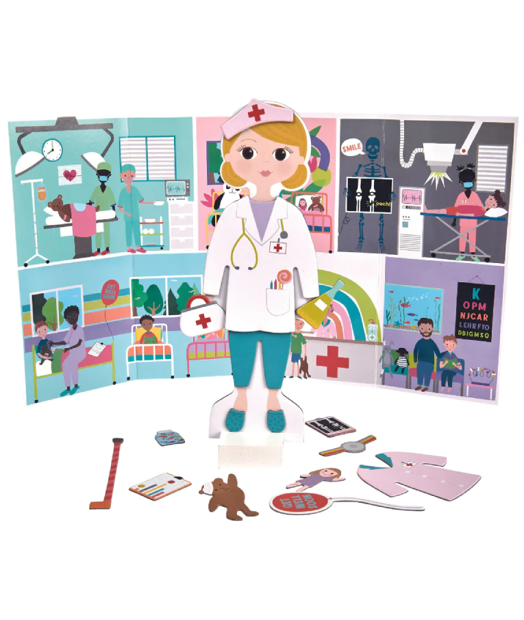FLOSS & ROCK - Floss & Rock Wooden Magnetic Dress Up Florence Doctor (2 Scenes)- Μαγνητικό Παιχνίδι Κούκλα Florence Γιατρός για 3+ Ετών 44P6442