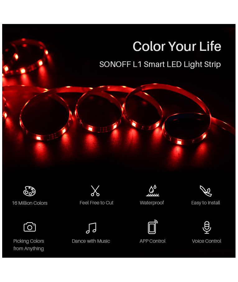 SONOFF -  Smart LED COLORFUL καλωδιοταινία SNF-L1-2M, RGB, αδιάβροχη, WiFi, 2m