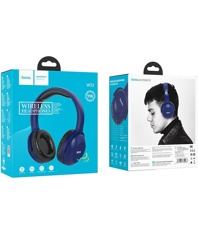 HOCO - Wireless Ακουστικά Stereo Hoco W33 Art Sound με Μικρόφωνο, AUX και Πλήκτρα Ελέγχουe v5.0 Μπλέ