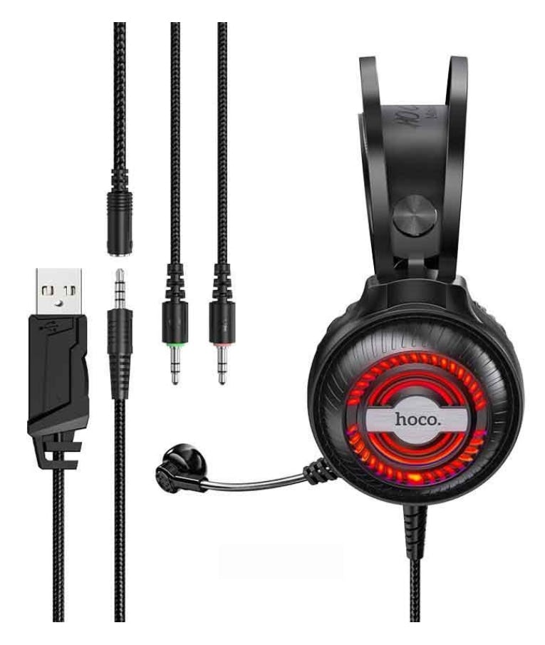 HOCO - Ακουστικά Stereo Gaming Hoco W101 Streamer σύνδεση διπλού 3.5mm USB με Μικρόφωνο Μεγάλο Καλώδιο LED 7 Χρωμάτων Μαύρο