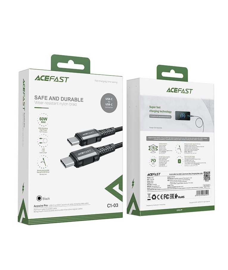 Καλώδιο σύνδεσης Acefast C1-03 USB-C σε USB-C Braided 3A 60W 1.2m Μαύρο