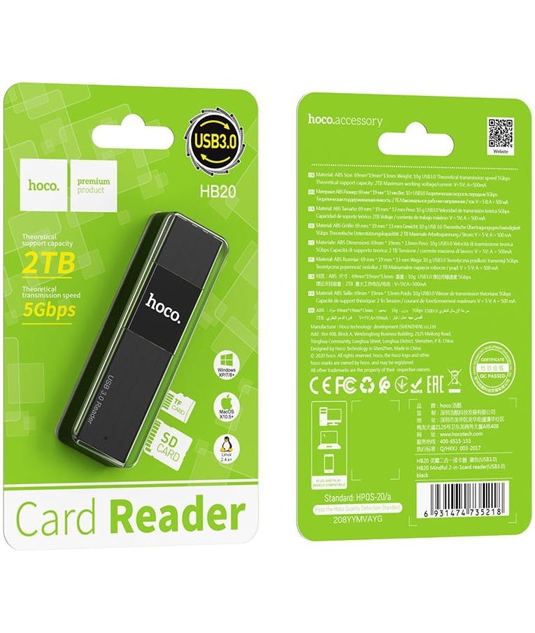 Αναγνώστης Κάρτας Μνήμης Hoco HB20 Mindful 2 σε 1 USB 3.0 έως 5Gbps και 2TB για Micro SD και SD Μαύρος
