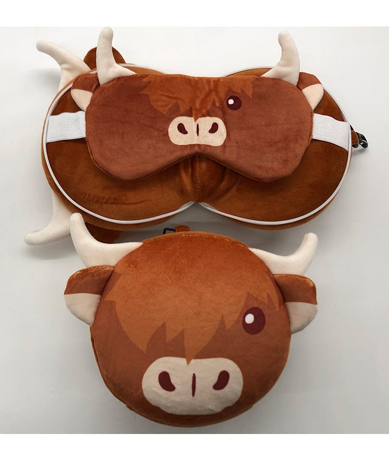 Relaxeazzz Highland Coo Cow Round Plush Travel Pillow & Eye Mask | Μαξιλαράκι Ταξιδιού και Μάσκα Υπνου  CUSH262