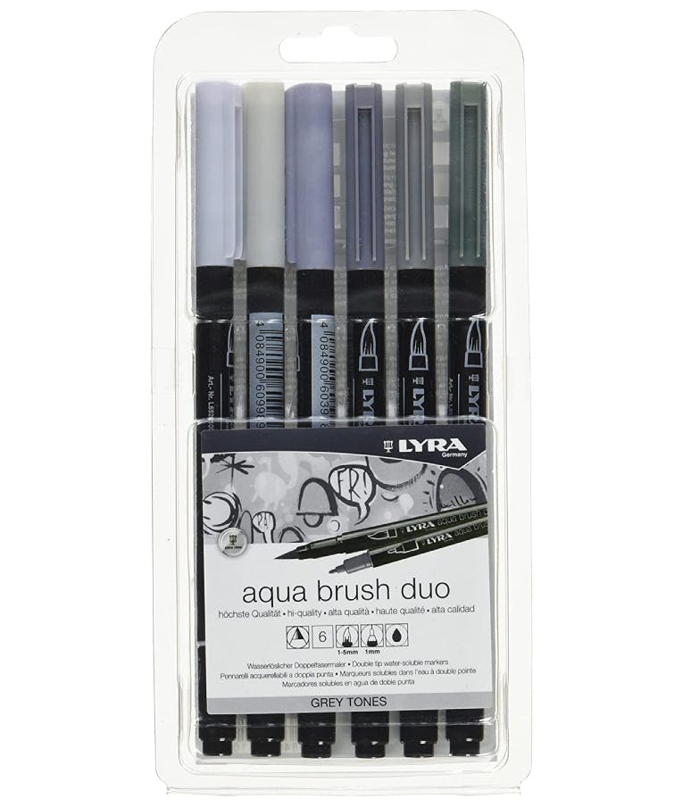  Aqua Brush Duo Μαρκαδόροι Σχεδίου 4mm Γκρι αποχρώσεις Grey Tones 6τμχ με Διπλή Μύτη 1-5mm και 1 mm L6521063