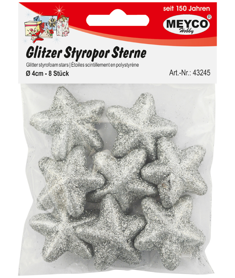 MEYCO - Φελιζόλ Αστέρια Glitter Ασημί 40mm Σετ 8τμχ  43245