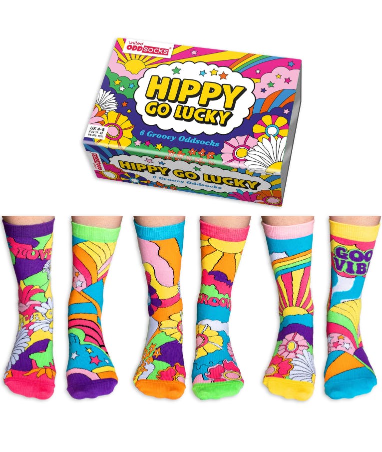  6 Groovy OddSocks - HIPPY GO LUCKY - Hippy Themed Κάλτσες Σετ 6 τεμ EUR 37-42